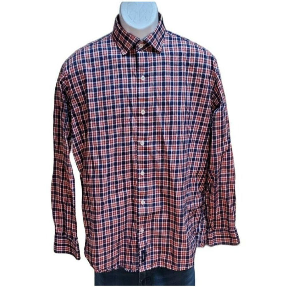 Woodies Red White Blue Men's Plaid Button Up Long Sleeve Dress Shirt Size XL